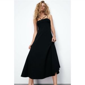 1 DAY SALE! NWT/NEZara Linen Blend Black Strappy Midi Dress Tie Straps 🖤 LBD 🖤